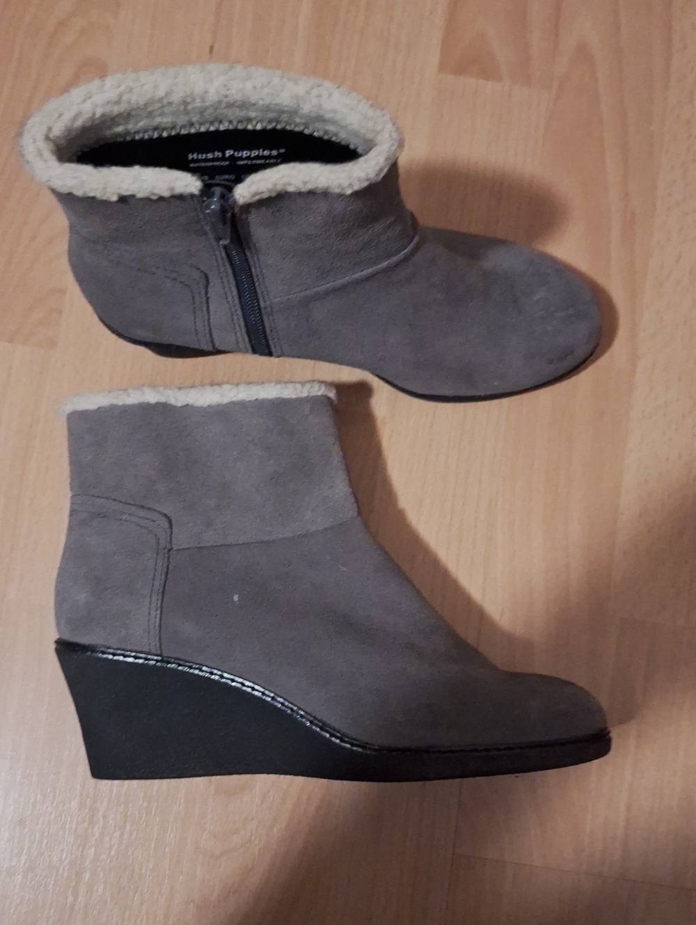 Hush Puppies Gray Suede Wedge Ankle Boots with Shearling Collar
